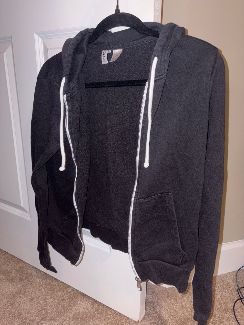 H&M Black Zip-Up Hoodie with White Drawstrings